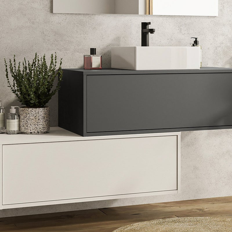 Szafka łazienkowa wisząca antracytowa i biała z umywalką i dwoma szufladami - 94 cm - TEANA II