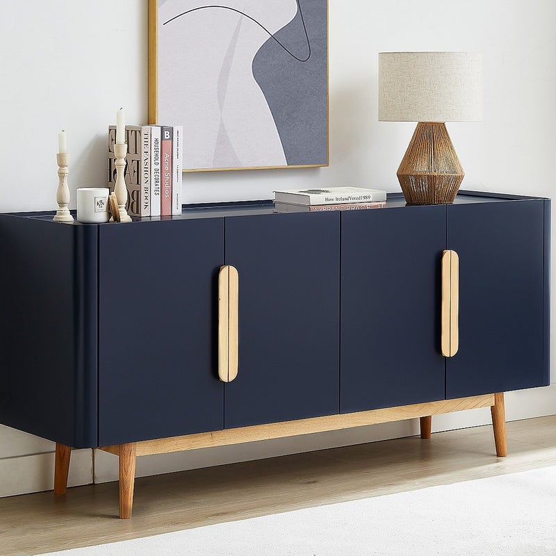 Komoda 4 drzwiowa z MDF i drewna kauczukowego - Niebieski i Naturalny jasny - DUNELON