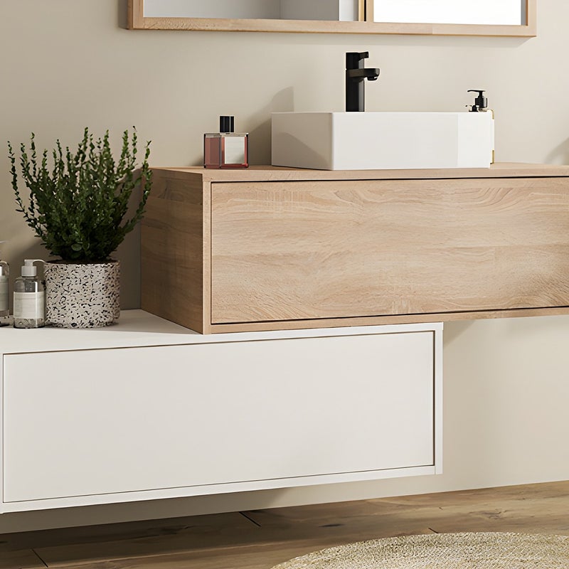 Szafka łazienkowa wisząca biała i naturalna jasna z umywalką i dwoma szufladami - 94 cm - TEANA II