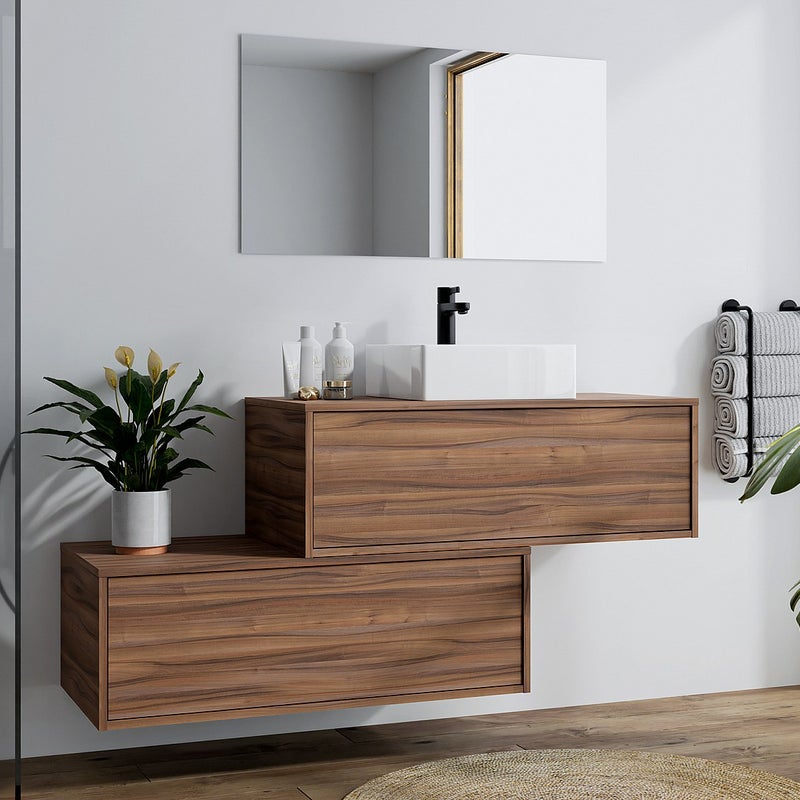 Szafka łazienkowa wisząca naturalna ciemna z pojedynczą umywalką i dwoma szufladami - 94 cm - TEANA II