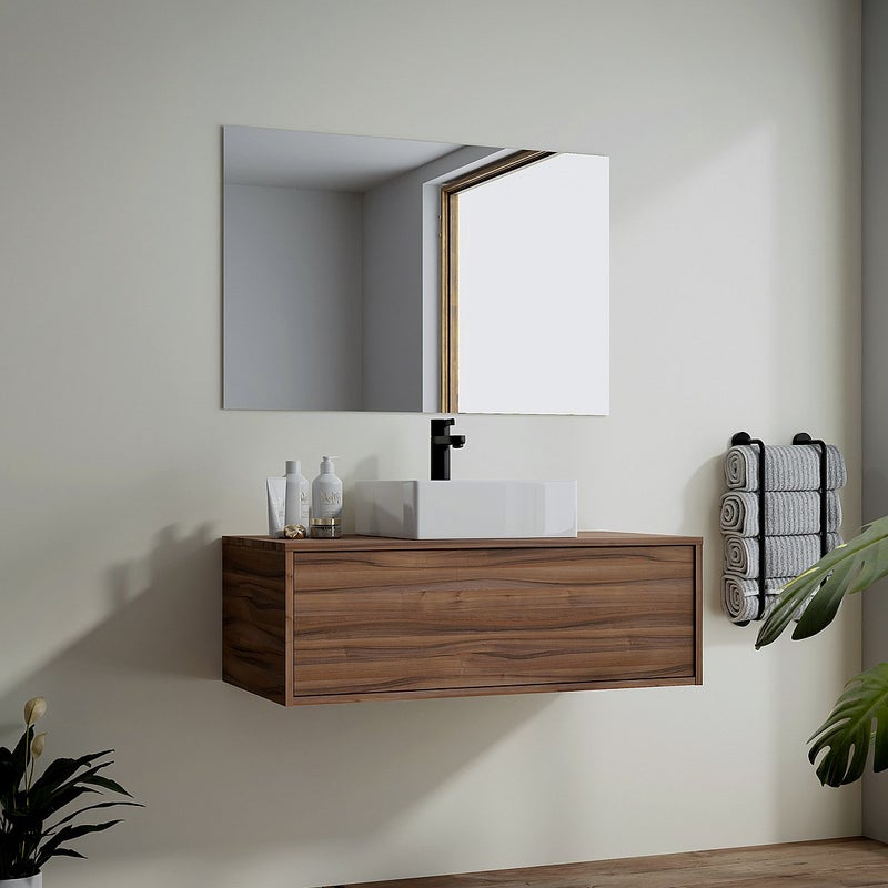 Szafka łazienkowa wisząca kolor naturalny ciemny z pojedynczą umywalką - 94 cm - TEANA II