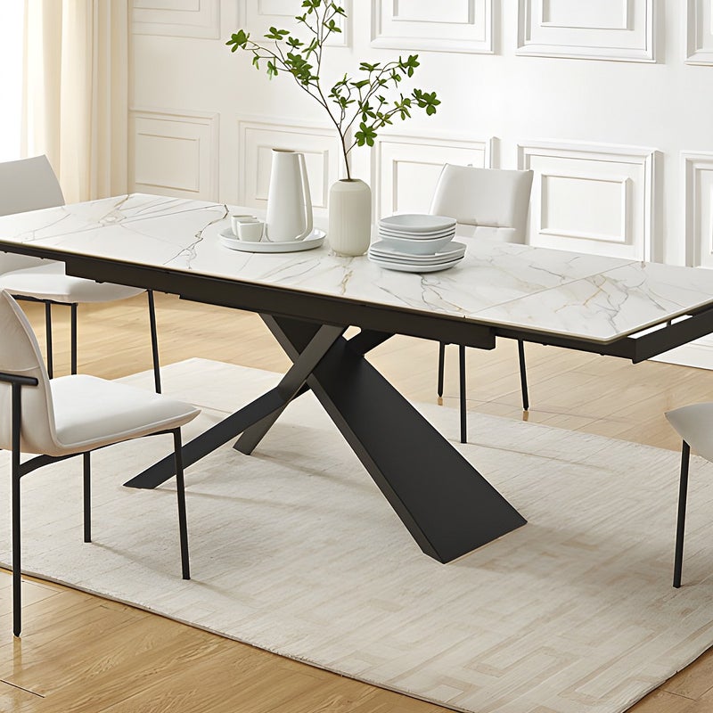 Stół do jadalni rozkładany dla 6 do 10 osób z ceramiki, szkła hartowanego i metalu - Efekt białego marmuru i Czarny - LUMIEL