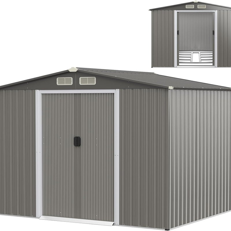 Domek na narzędzia z fundamentem, 260 x 207 x 180 cm, szopa na narzędzia z ocynkowanej stali,zamykana, metalowa szopa, ciemnoszara