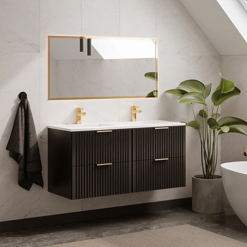 Szafka łazienkowa wisząca ryflowana z umywalką wpuszczaną w blat - Czarny - 120 cm - ZEVARA