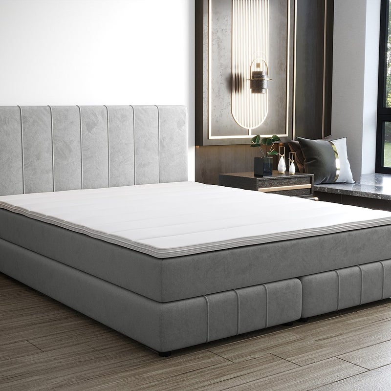 Zestaw łóżko kontynentalne z zagłówkiem + stelaż + materac + nakładka na materac - 180 x 200 cm - Welur - Jasnoszary - HIDA marki YSMÉE