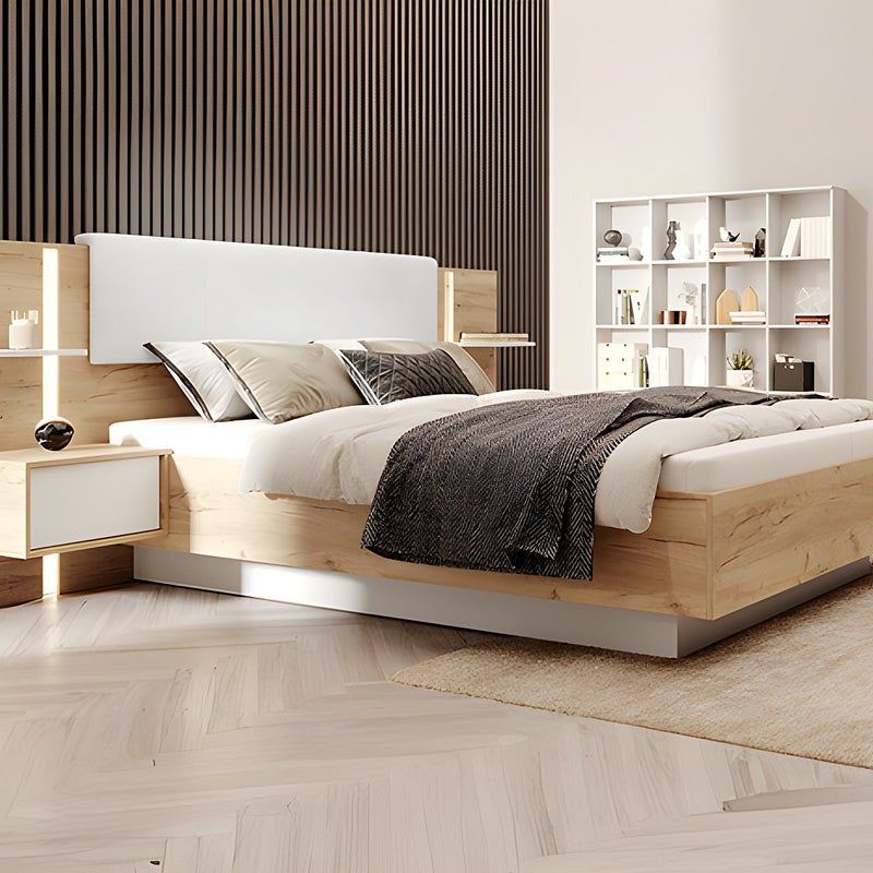Łóżko z szafkami nocnymi 160 x 200 cm - Z oświetleniem LED - Naturalny i biały + Stelaż + Materac - ELYNIA