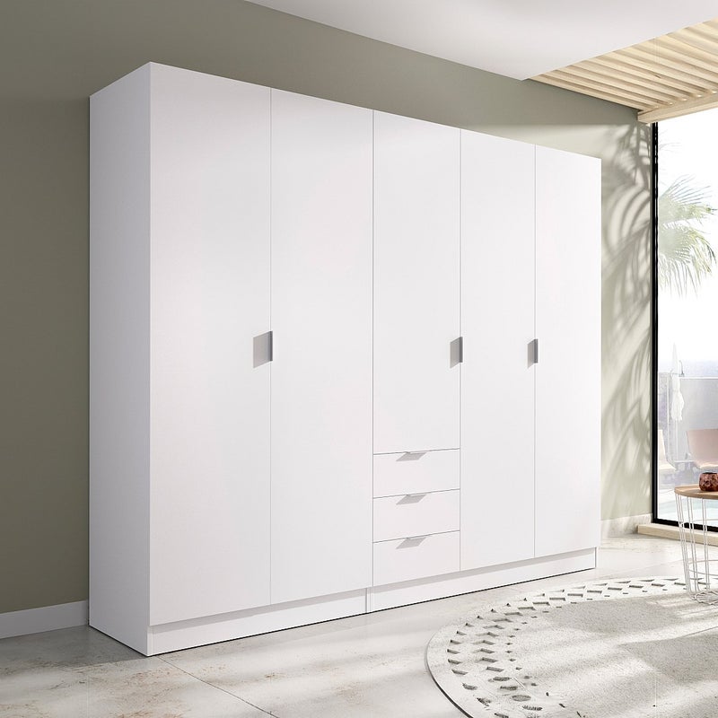 Szafa 5-drzwiowa z 3 szufladami - szer. 202 cm - Biały - LISTOWEL