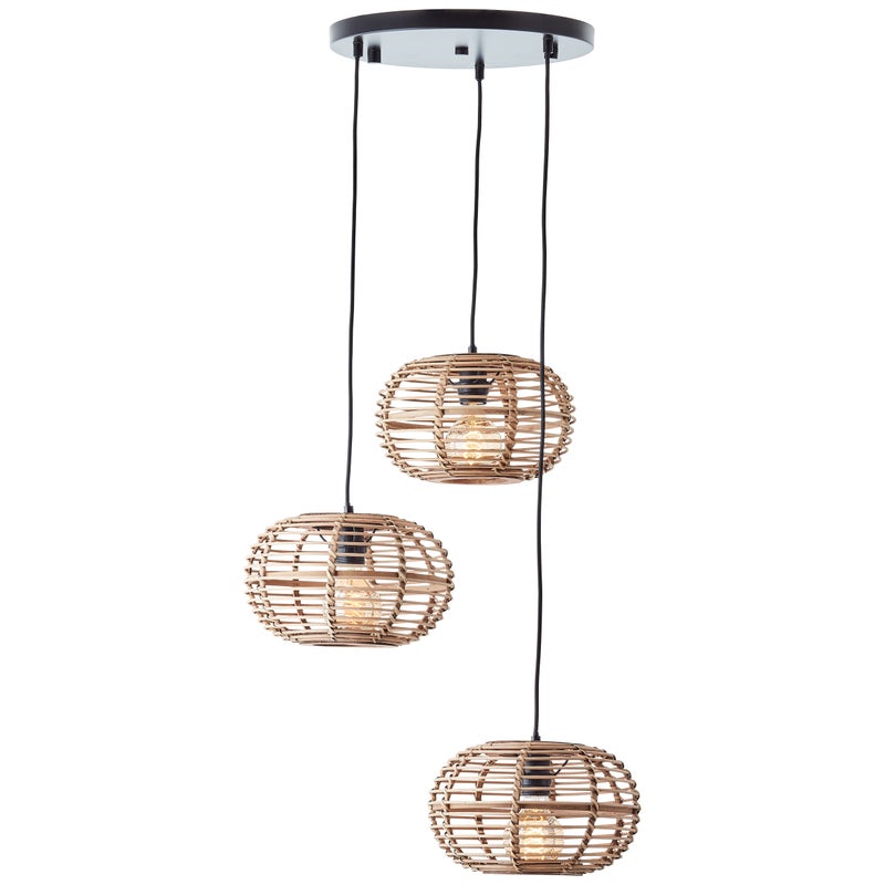 Brilliant lampa wisząca Woodball 3-lichts matowy czarny/bambusowy metal/tkanina/brązowe drewno 3x A60, E27, 40 W