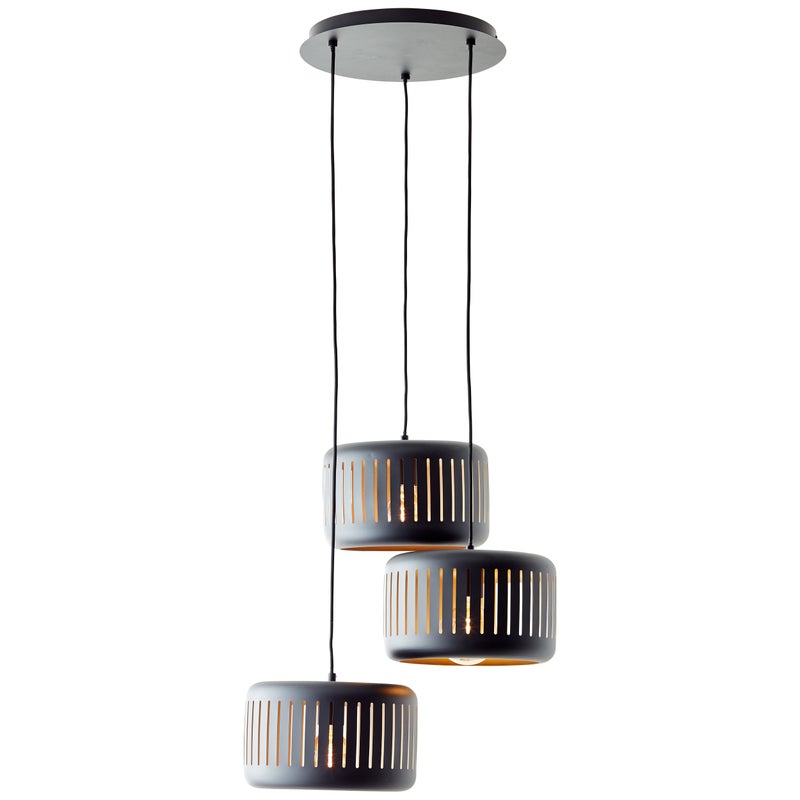 Brilliant lampa wisząca 3-punktowa Tyas czarny/złoty metal/czarny bambus 3x A60, E27, 60 W