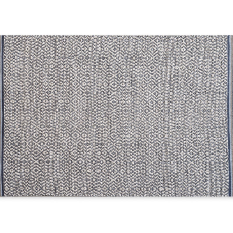 Beżowy bawełniany dywan z frędzlami i niebieskim wzorem w romby, 120x170 cm