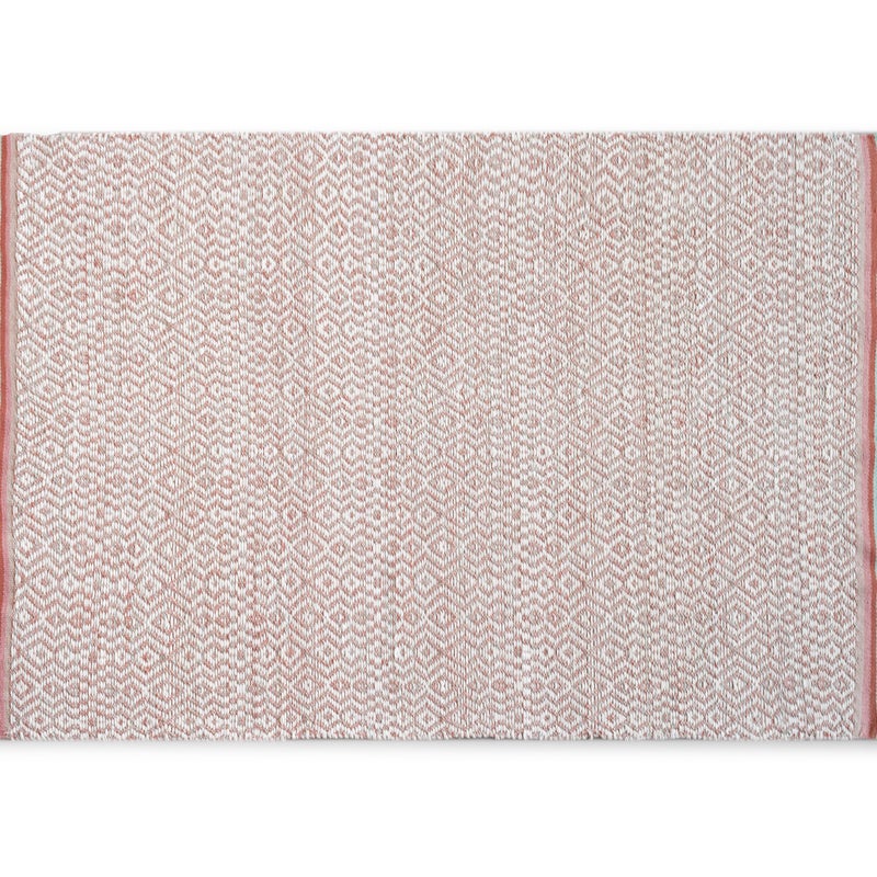 Beżowy bawełniany dywan z frędzlami, wzór w różowe i turkusowe romby, 120x170 cm