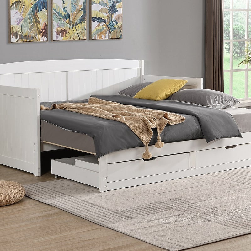 Łóżko wysuwane dzienne 90 x 190 lub 180 x 190 cm - Z rozsuwanym stelażem i szufladami - Drewno sosnowe i MDF - Biały - DINIVA