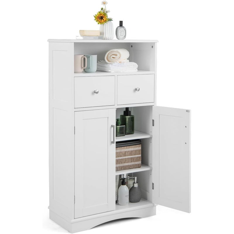 Szafka Łazienkowa z Regulowaną Półką, 107,5 x 60 x 30 cm, Mebel do Przechowywania na Nóżkach z Szufladami i Drzwiami, Biały