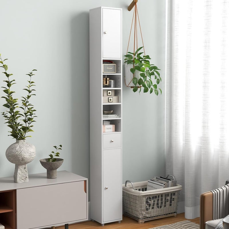 Szafka Łazienkowa Górna/Mebel Kolumnowy z 2 Drzwiami, 1 Szufladą, 5 Regulowanymi Półkami do Małych Przestrzeni, 20 x 20 x 180 cm, Biała