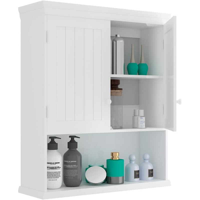 Szafka Łazienkowa Naścienna 60 x 20 x 70,5 cm, 2 Poziomy z Wbudowaną Ruchomą Półką, Apteczka z 2 Drzwiami, Biała
