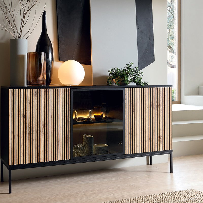 Komoda 3-drzwiowa z oświetleniem LED z MDF i dymionego szkła - Czarny i Naturalny - OVILA