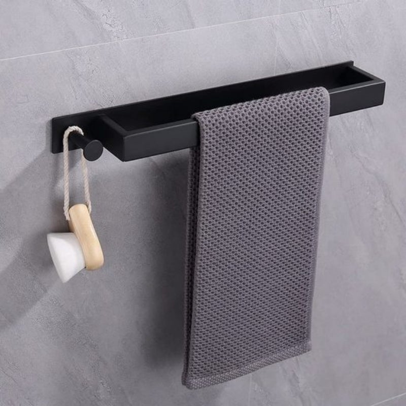 Wieszak na ręczniki z czarnej stali nierdzewnej bez otworów, 40 cm z haczykami, nośność 10 kg