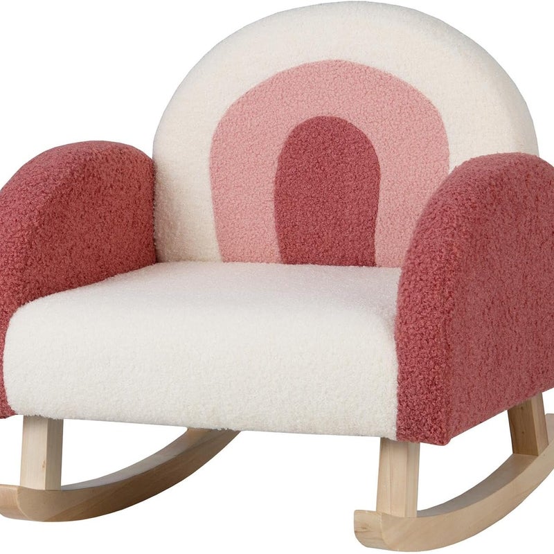 Krzesełko Bujane dla Dzieci, Fotel z Pluszowego Aksamitu z Nogami z Litego Drewna, Tapicerowany Fotel Bujany (Czerwony)