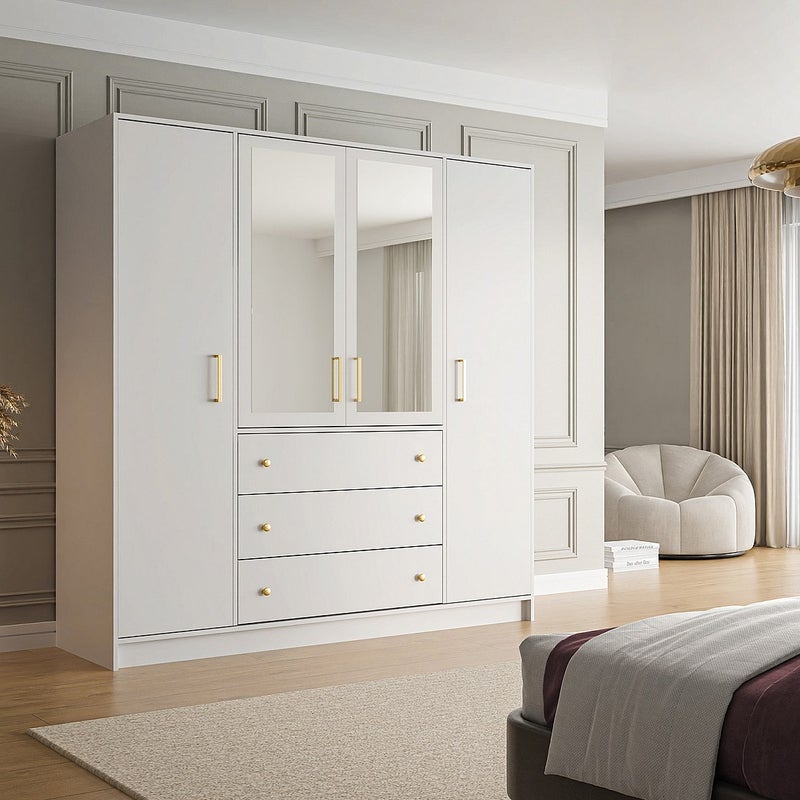 Szafa 4-drzwiowa z 3 szufladami - Z lustrami - szer. 196 cm - Biały - LIZANDRO