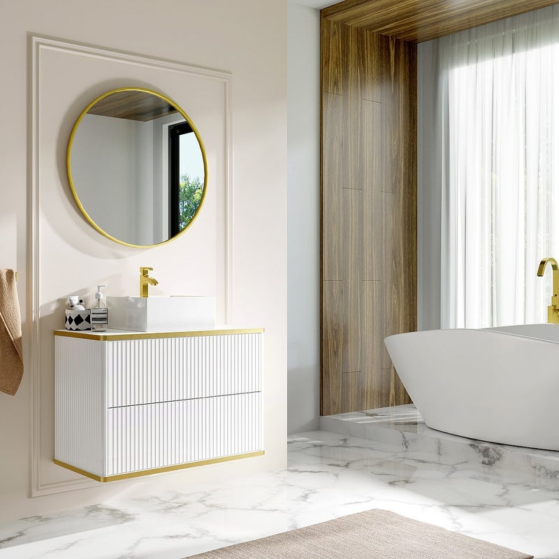 Szafka pod umywalkę wisząca ryflowana ze złotą listwą - Biały - szer. 80 cm - KELIZA