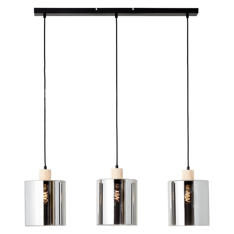 Brilliant Pendant Weald 3-płomienna czarna/dymna/drewniana/metalowa/szklana/drewniana 3x A60, E27, 40 W, pasuje do zwykłej żarówki (brak w zestawie)