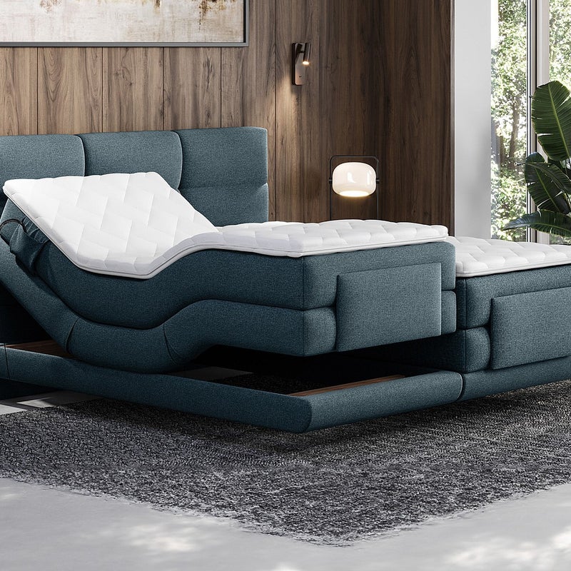 Zestaw łóżko kontynentalne z pikowanym zagłówkiem + stelaże elektryczne relaksacyjne + materace + nakładki na materac - 2 x 90 x 200 cm - Tkanina - Ni