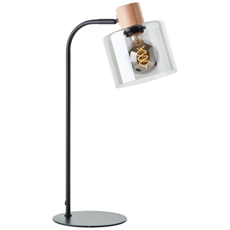 Brilliant Weald lampa stołowa czarny/dymny/drewno metal/szkło/drewno włącznik przewodu 1x A60, E27, 40 W, nadaje się do zwykłej żarówki (brak w zestaw