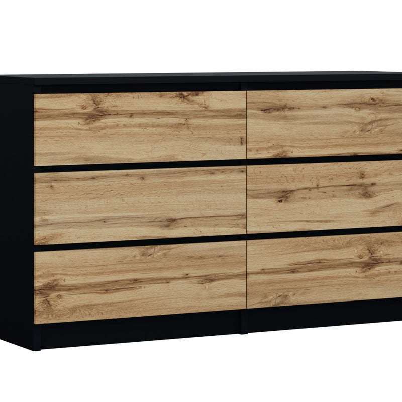 Komoda : 6 szuflad, Czarny Matowy / Dąb Wotan, 138 x 78 x 39 cm