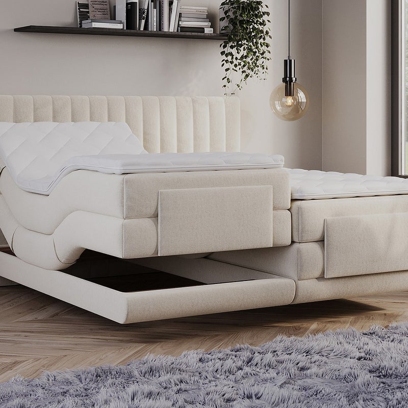 Zestaw łóżko kontynentalne z pionowo przeszywanym zagłówkiem + stelaż relaksacyjny elektryczny + materac + nakładka na materac - 2 x 90 x 200 cm - Wel