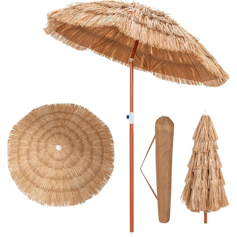 Parasol Ogrodowy Ø175CM ze Słomy PE, Parasol Plażowy w Hawajskim, Odchylany pod Kątem 40°, 8 Żeber, Regulowana Wysokość, Torba Transportowa GIANTEX