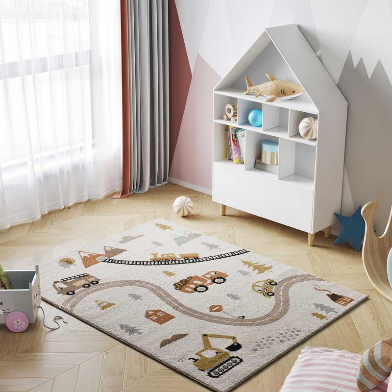 Prostokątny wielokolorowy dywan do wnętrz 120 x 170 cm BEATS dla dzieci samochody i drogi - ATTICGO