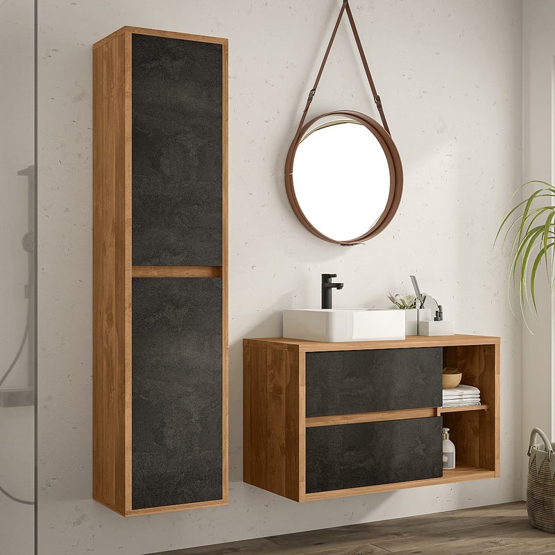 Szafka łazienkowa wisząca z umywalką i słupkiem - Naturalny i antracytowy - 100 cm - TIKITIKI