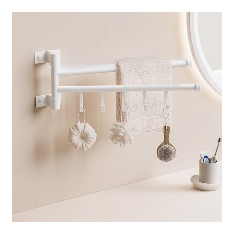Naścienny wieszak na ręczniki, wieszak łazienkowy na ręczniki, wieszak na ręczniki z haczykami, obrotowy, 35 * 6,8 * 14,6 cm - biały