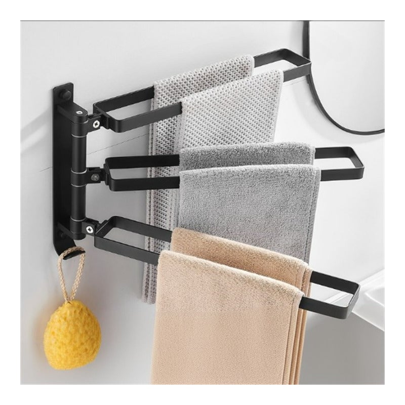 Aluminiowy wieszak na ręczniki, uchwyt ścienny bez wiercenia, składana i obrotowa półka łazienkowa, czarny potrójny drążek