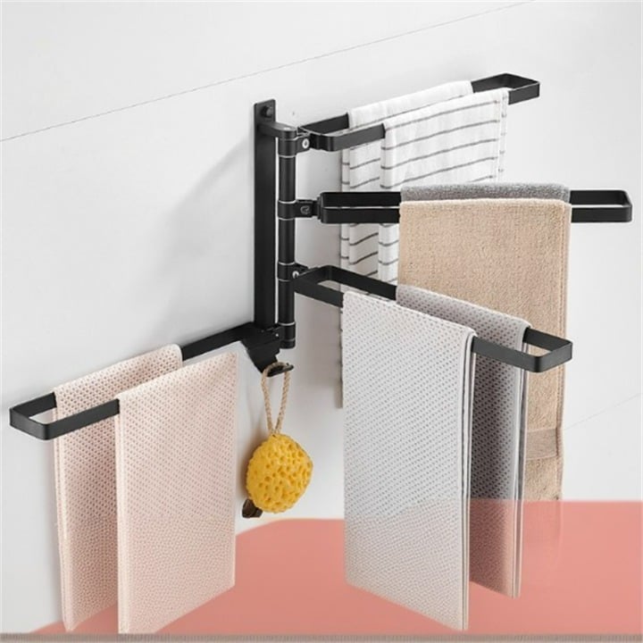 Aluminiowy wieszak na ręczniki, uchwyt ścienny bez wiercenia, składana i obrotowa półka łazienkowa, czarny poczwórny drążek