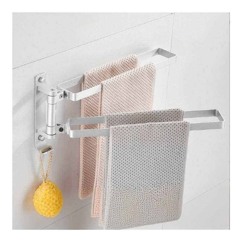 Aluminiowy wieszak na ręczniki, uchwyt ścienny bez wiercenia, składana i obrotowa półka łazienkowa, srebrny podwójny drążek