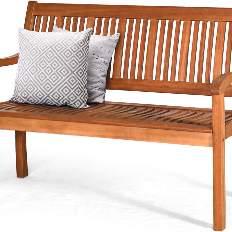 Ławka Ogrodowa z Drewna Eukaliptusowego, Stabilna Konstrukcja z Oparciem w Kształcie Łuku i Zakrzywionymi Podłokietnikami, Długa Ławka Meblowa