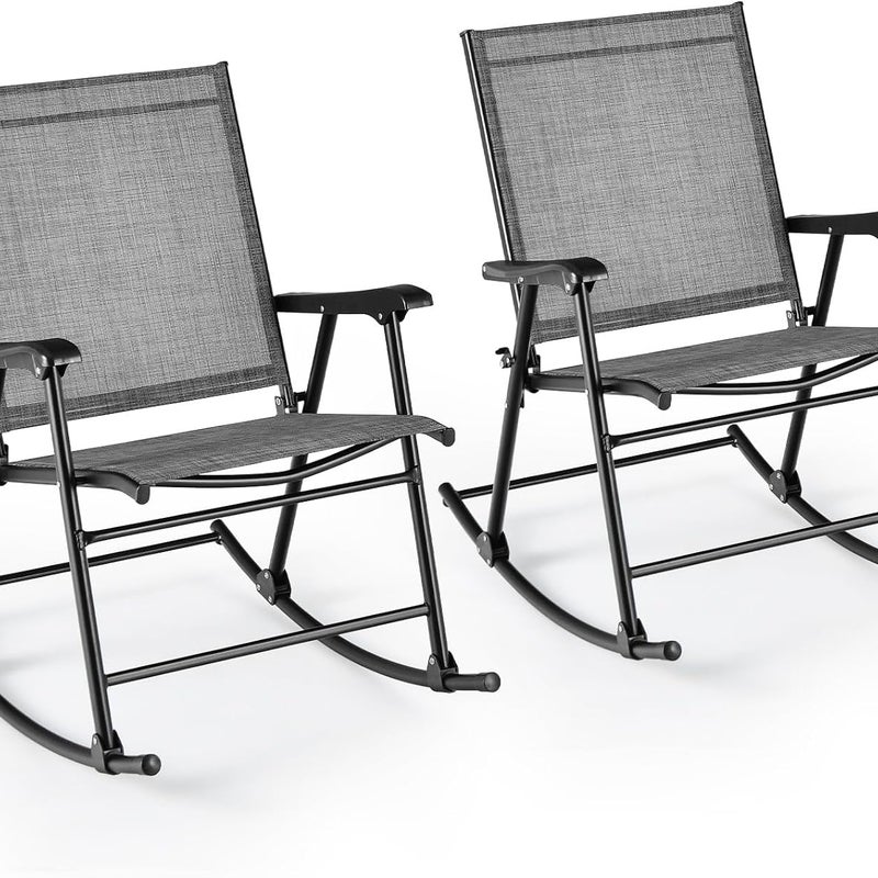 Składane fotele bujane, zestaw 2 krzeseł ogrodowych z oddychającym materiałem do siedzenia, fotel bujany na podwórko, taras, basen