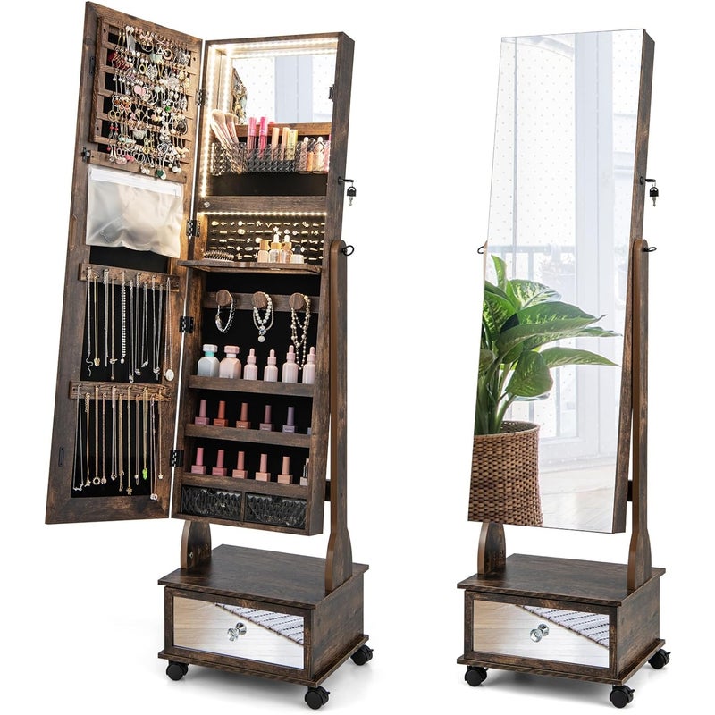 Szafka na biżuterię z 3 lustrami, regulowane lustro na biżuterię z szufladą, kółkami i lampkami, kolczyki, 42 x 35 x 159 cm (rustykalny brąz)