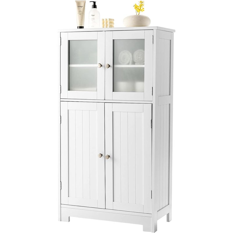 4-drzwiowa szafka łazienkowa, wolnostojąca, szafka do przechowywania ze szklanymi drzwiami, drewniana szafka kuchenna z regulowanym regałem