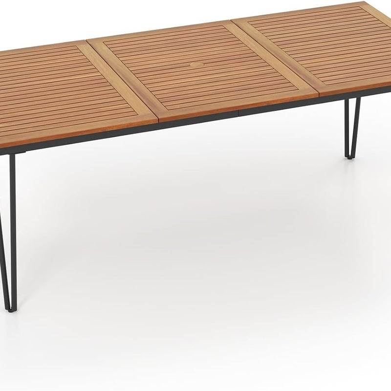 Stół Ogrodowy z Drewna Akacjowego FSC dla 8 Osób 90 x 200 x 75 cm, Stół Ogrodowy z Otworem na Parasol, Metalowa Rama w Stylu