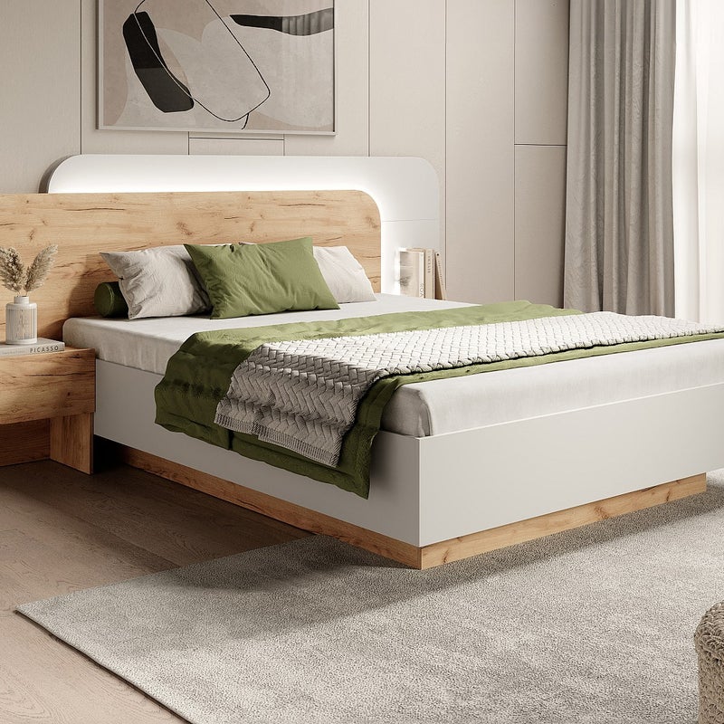 Łóżko ze skrzynią i szafkami nocnymi 160 x 200 cm - Z oświetleniem LED - Naturalny i biały + Materac - DESADO