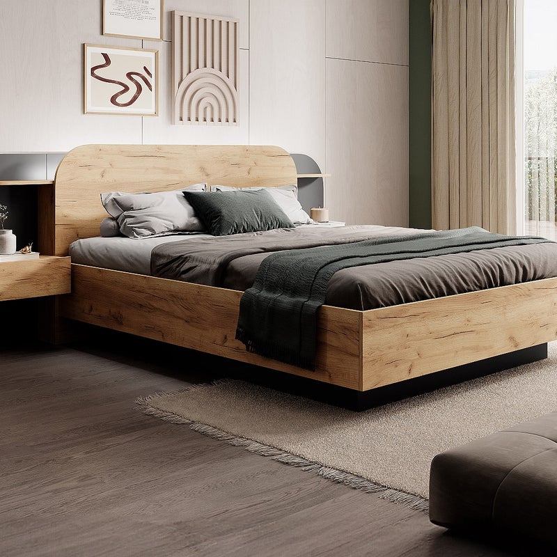 Łóżko ze skrzynią i szafkami nocnymi 160 x 200 cm - Z oświetleniem LED - Naturalny i czarny + Materac - JUVISIA