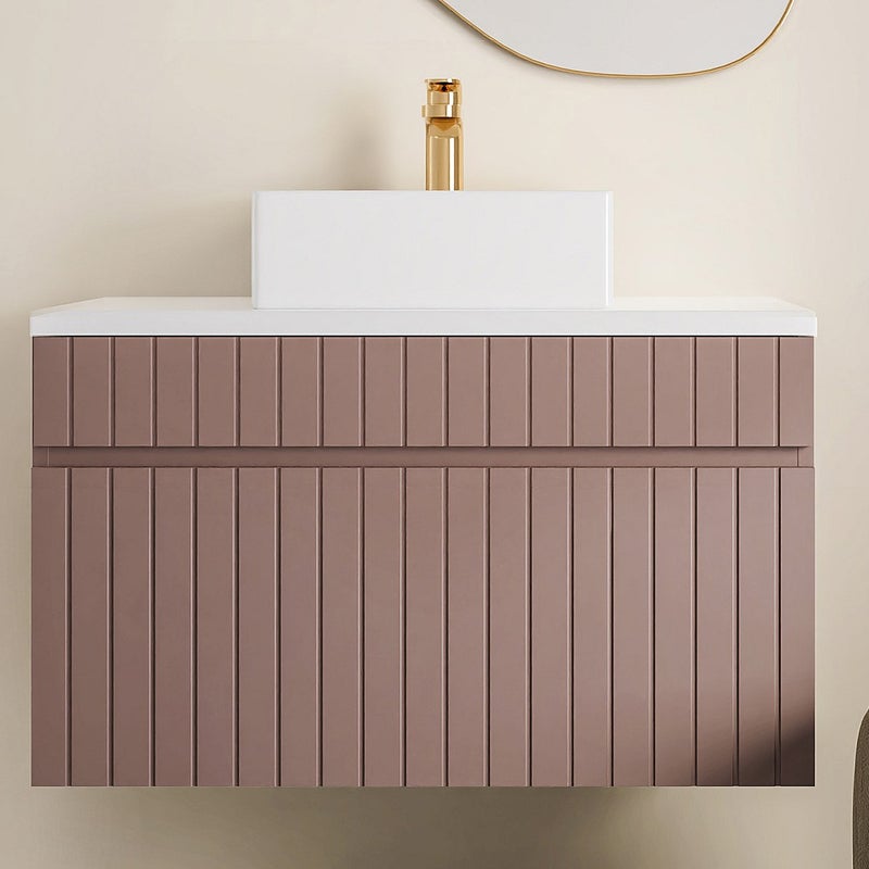 Szafka łazienkowa wisząca ryflowana różowa z umywalką nablatową - 80 cm - SATARA