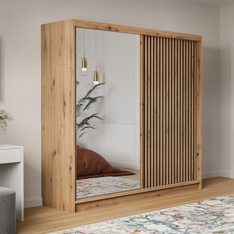 Szafa 2-drzwiowa przesuwna - Z lustrem - szer. 203 cm - Naturalny i czarny - CALOWI