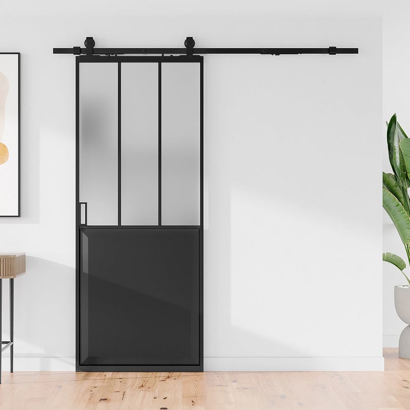 Drzwi przesuwne industrialne na szynie - Czarny i matowe szkło hartowane - wys. 205 cm x szer. 93 cm - ARTISTO II