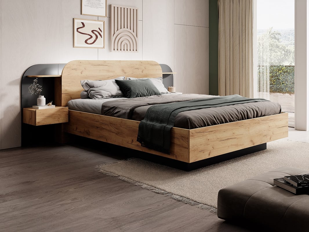 Łóżko z szafkami nocnymi 160 x 200 cm - Z oświetleniem LED - Naturalny i czarny + Stelaż - JUVISIA