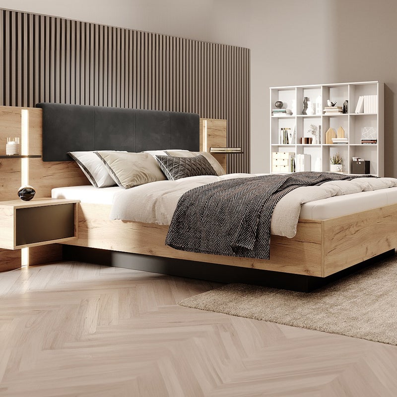 Łóżko z szafkami nocnymi 140 x 190 cm - Z oświetleniem LED - Naturalny i antracytowy + Stelaż + Materac - ELYNIA