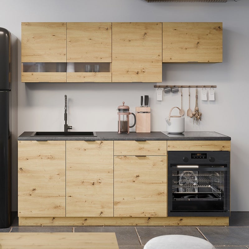 Zestaw mebli kuchennych - 200 cm - 6 elementów - Naturalny i Antracytowy - CARMEO