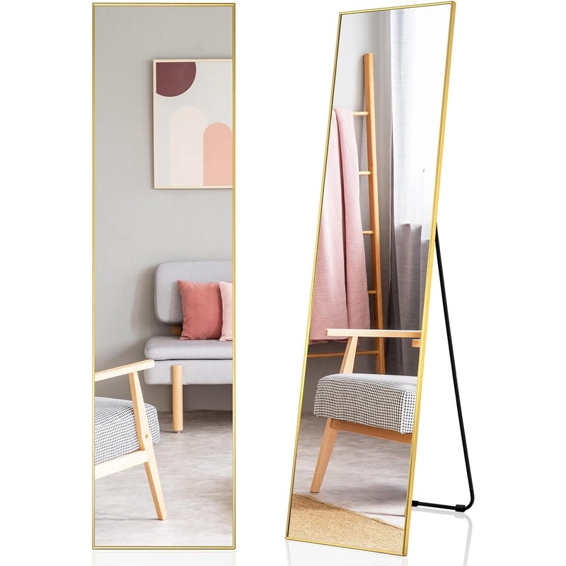 Lustro Pełnej Długości 160 cm o Wysokiej Rozdzielczości, Lustro Ścienne/Stojące z Metalową Ramą do Sypialni, Garderoby, Złote